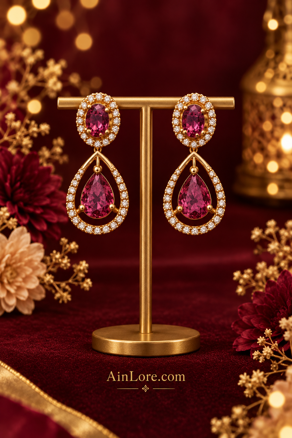 AinLore Earrings on Golden T-Stand — Ruby Teardrop Earrings