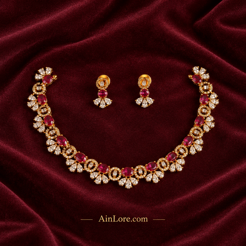 AinLore Fabric Flat-lay — Ruby CZ Necklace & Earring Set