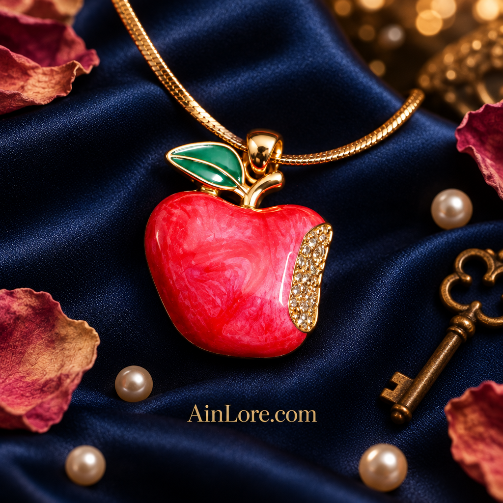 Apple pendant close-up on burgundy fabric