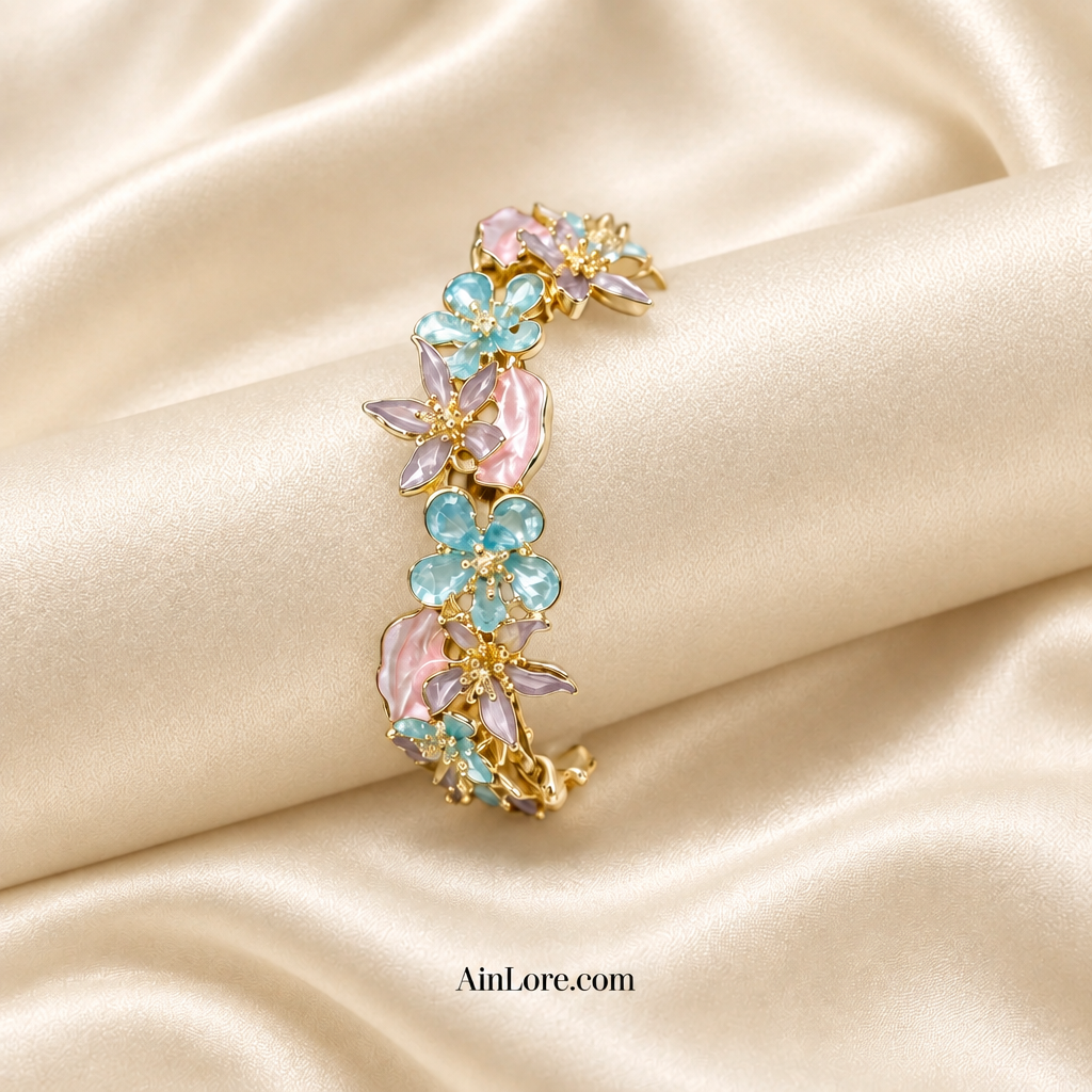 Blue-and-pink bracelet displayed around a cream satin roll