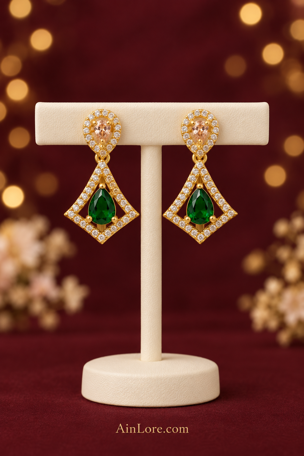 Green kite-drop earrings on a T-stand