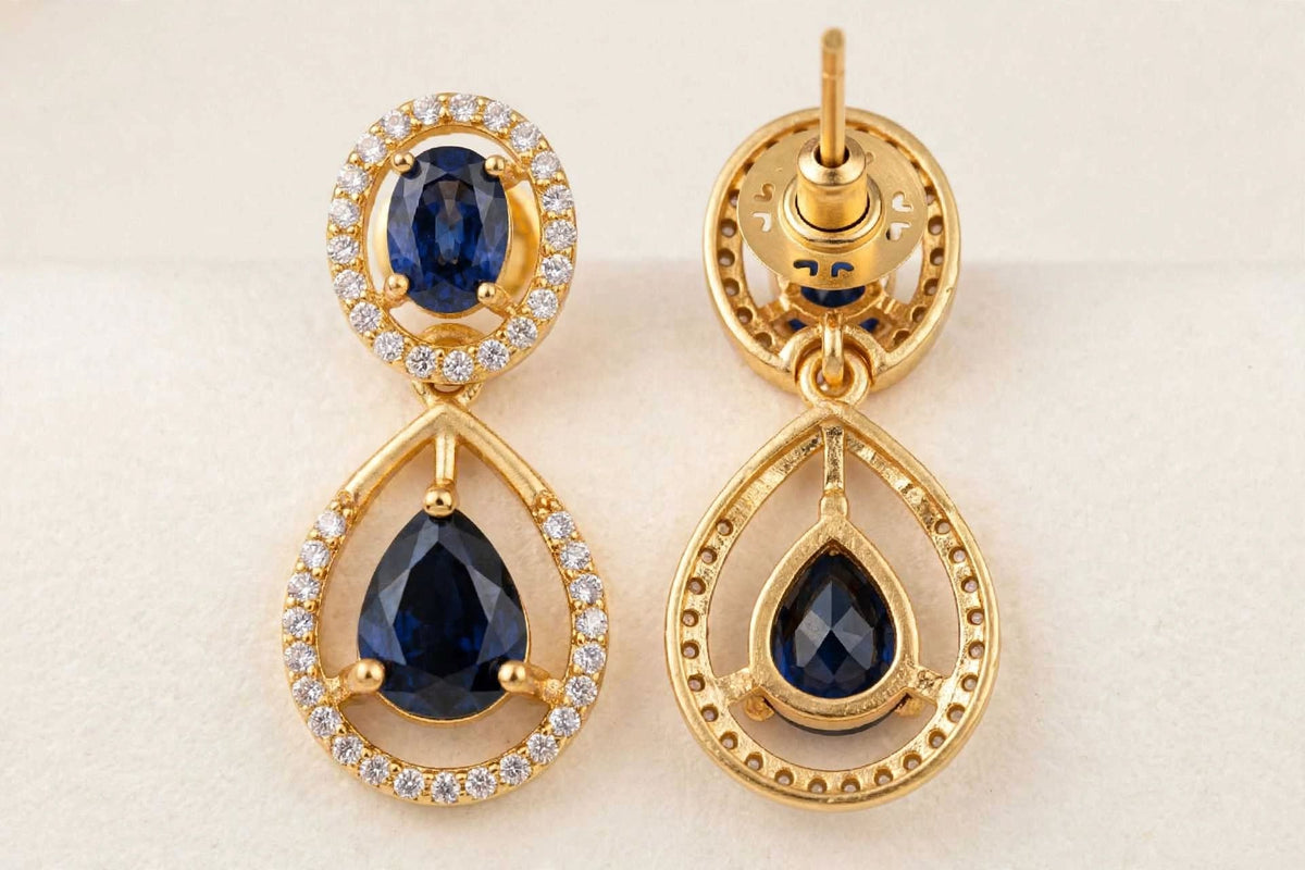 Blue-Stone Teardrop Drop Earrings in Gold Tone | AinLore