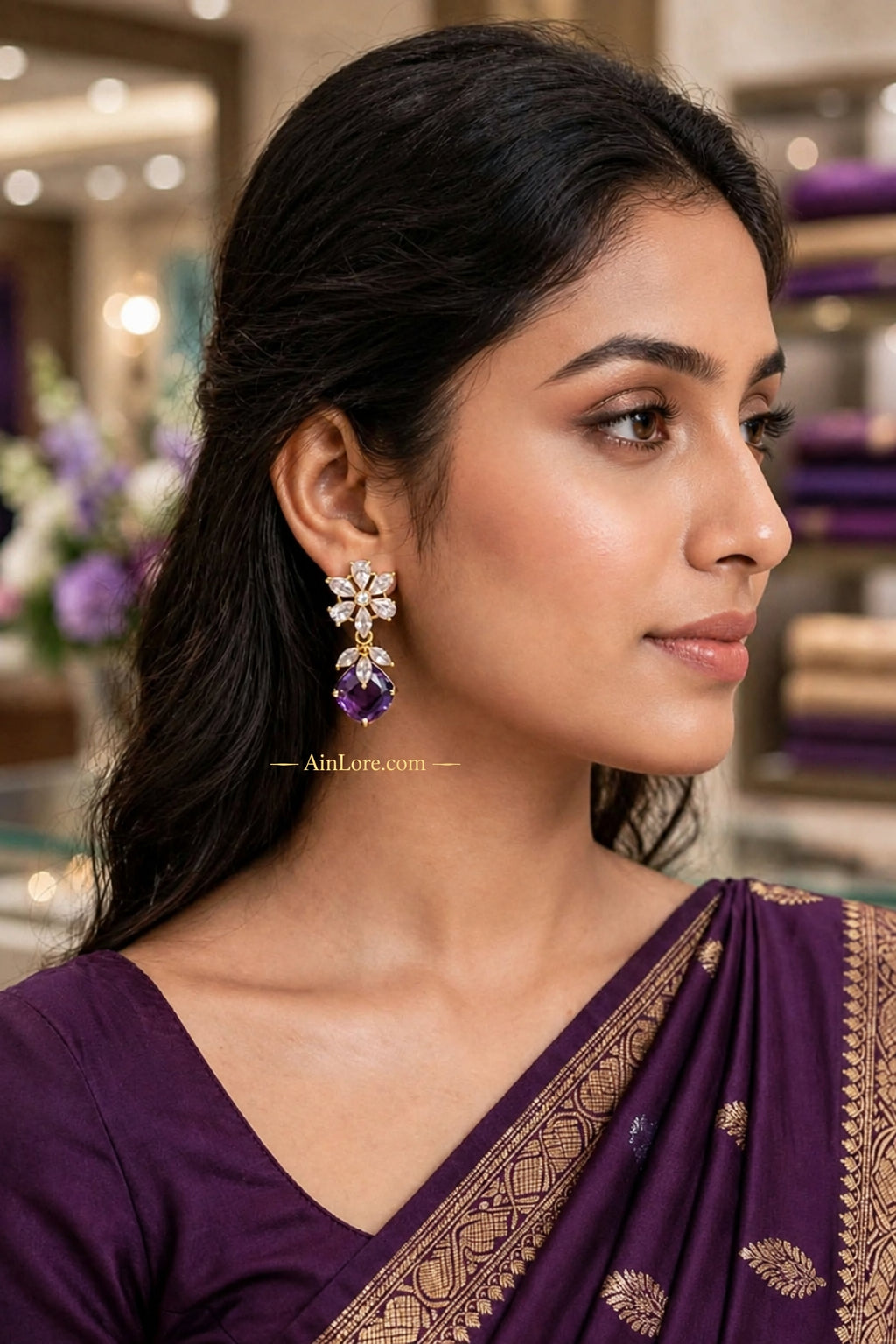 Purple-Tone Floral Drop Earrings
