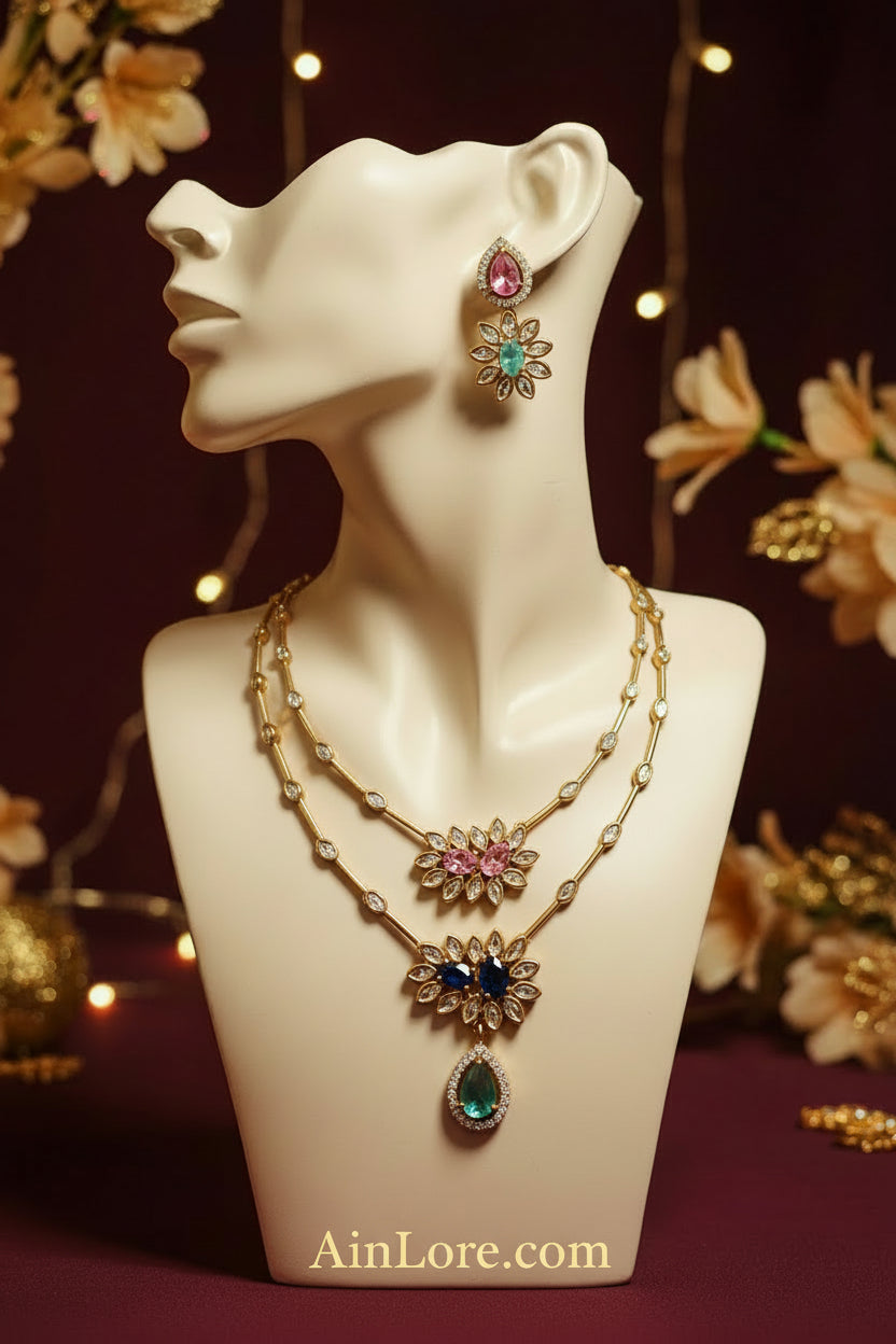 Pastel Zirconia Bloom Layered Necklace & Earring Set