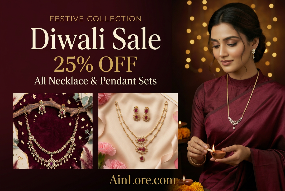 AinLore Diwali sale banner featuring Meena lighting a diya and the selected necklace and pendant sets