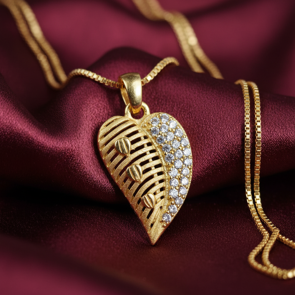 AinLore - Leaf Heart Pendant Close Up on Burgundy Satin