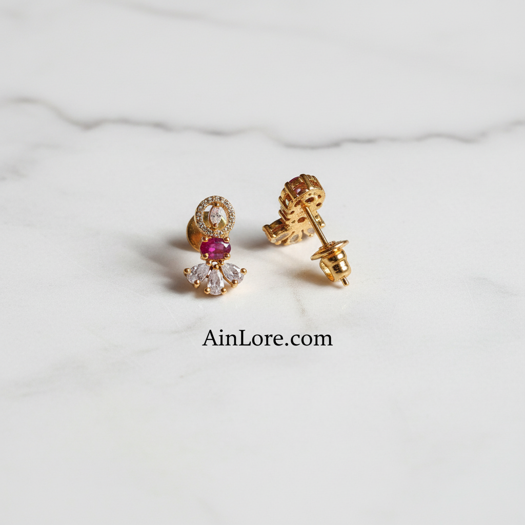 AinLore Marble Flat-lay — Ruby CZ Earrings Front & Back