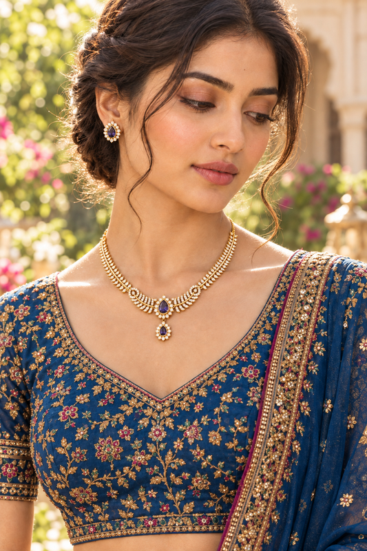 AinLore — Meena in Same Lehenga with Violet-Purple Gold Leaf Set