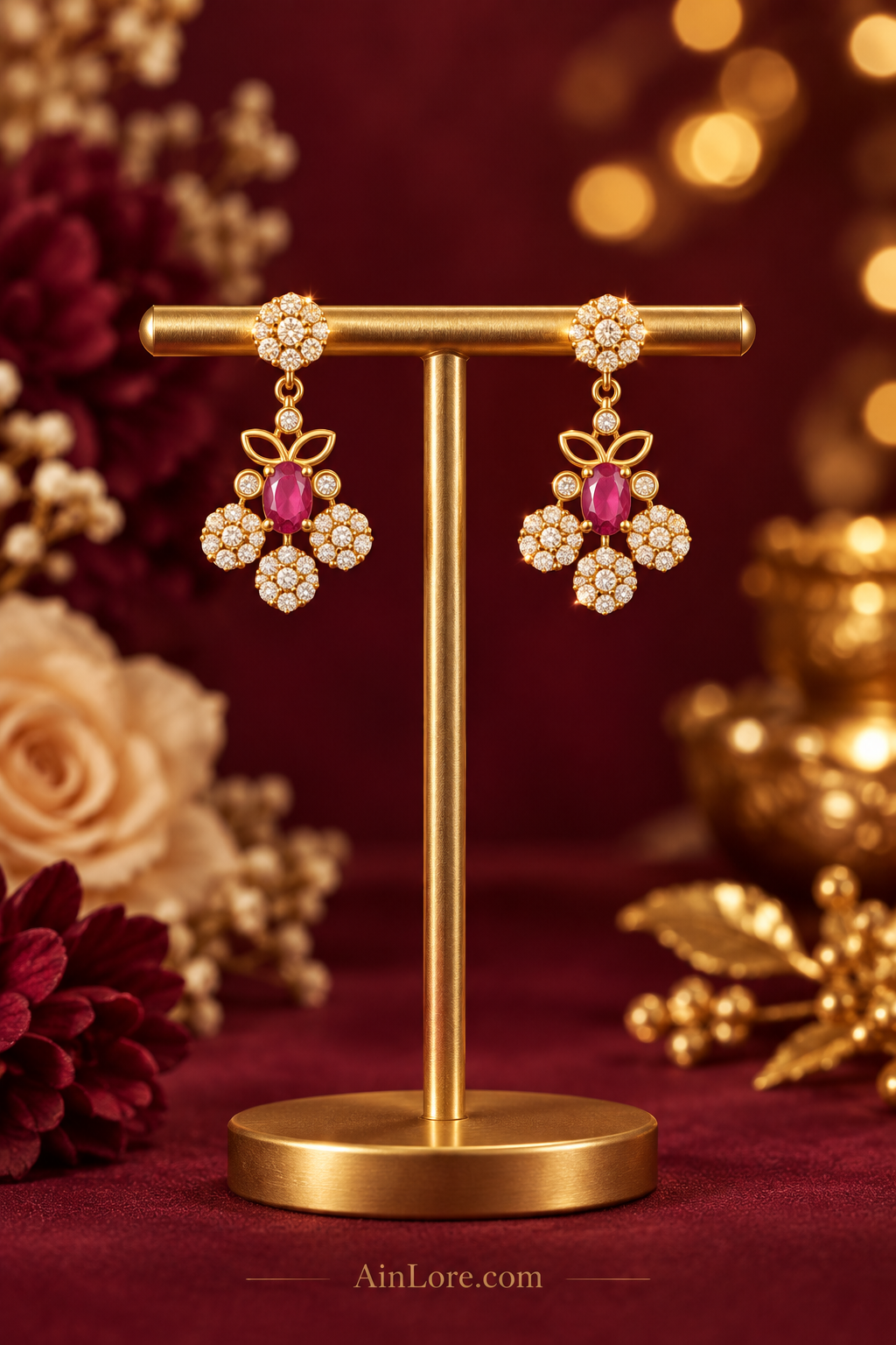AinLore – Ruby Diamond Earrings on Golden T-Stand