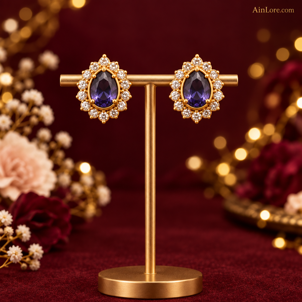 AinLore Violet-Purple CZ Studs — Golden T-Stand Shot