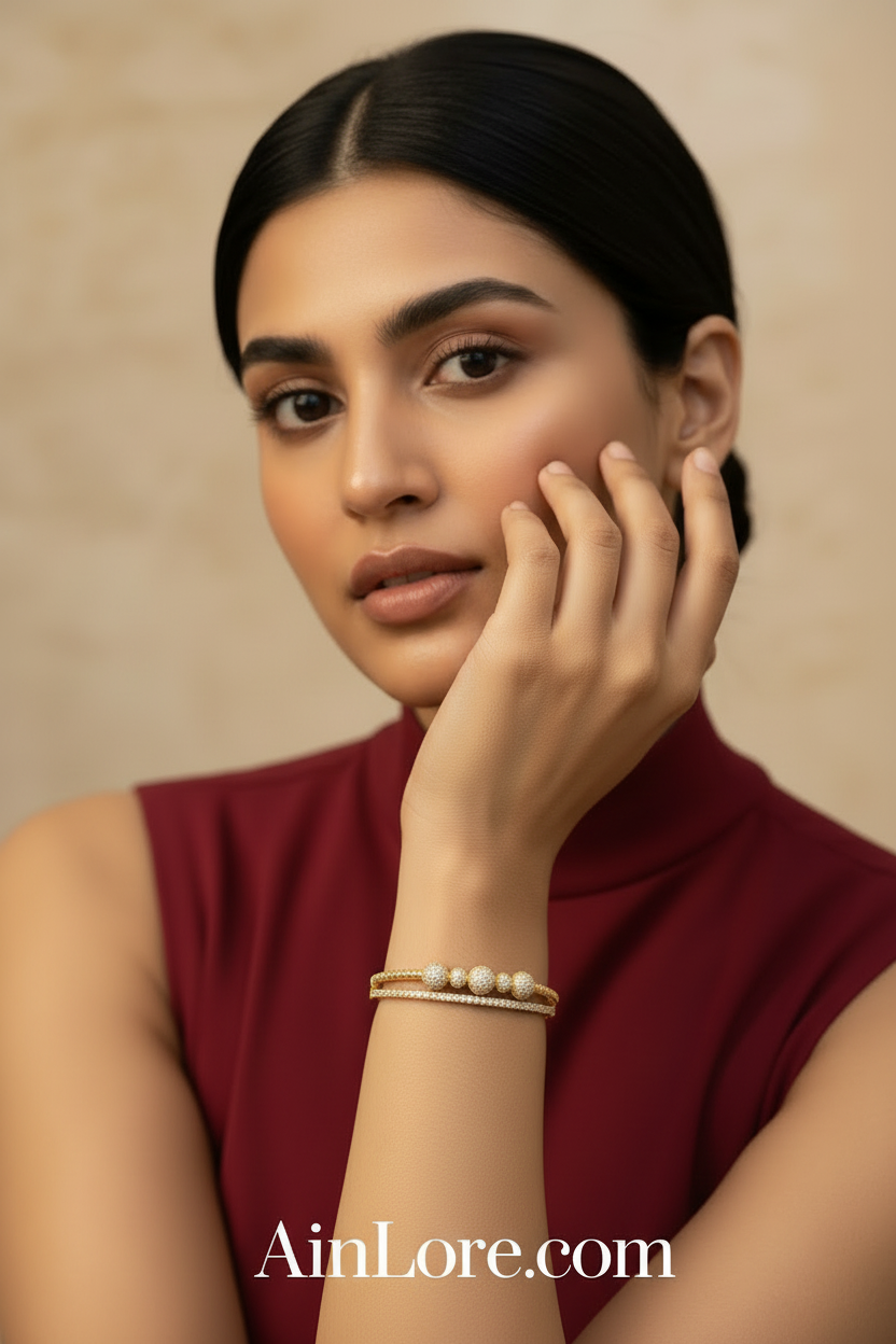 Ananya Single Wrist — Pavé Globe Cuff Kada in Red Dress