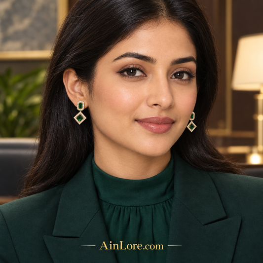 Ananya wearing green geometric earrings