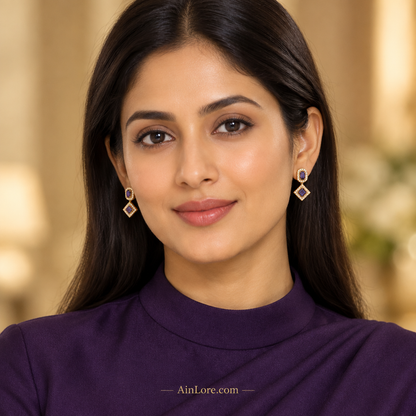 Ananya wearing purple geometric earrings