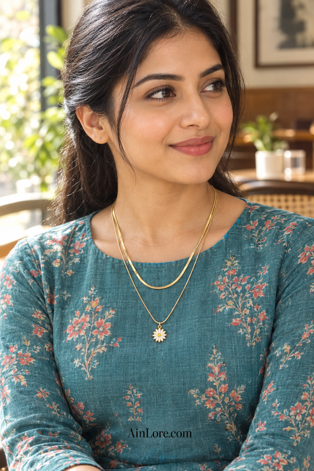 Ananya wearing the layered daisy necklace at a café