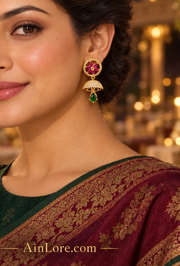 Ananya wearing the pink-flower and green-drop jhumkas