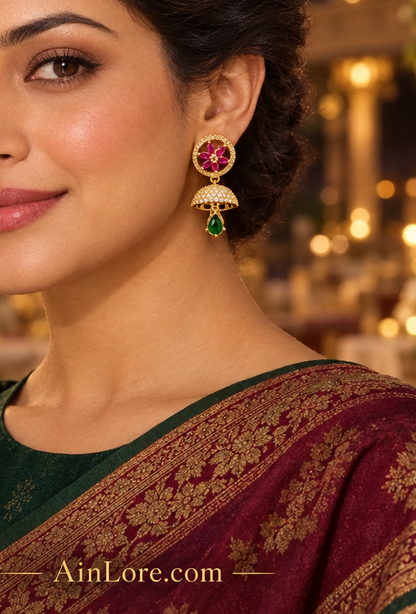 Ananya wearing the pink-flower and green-drop jhumkas