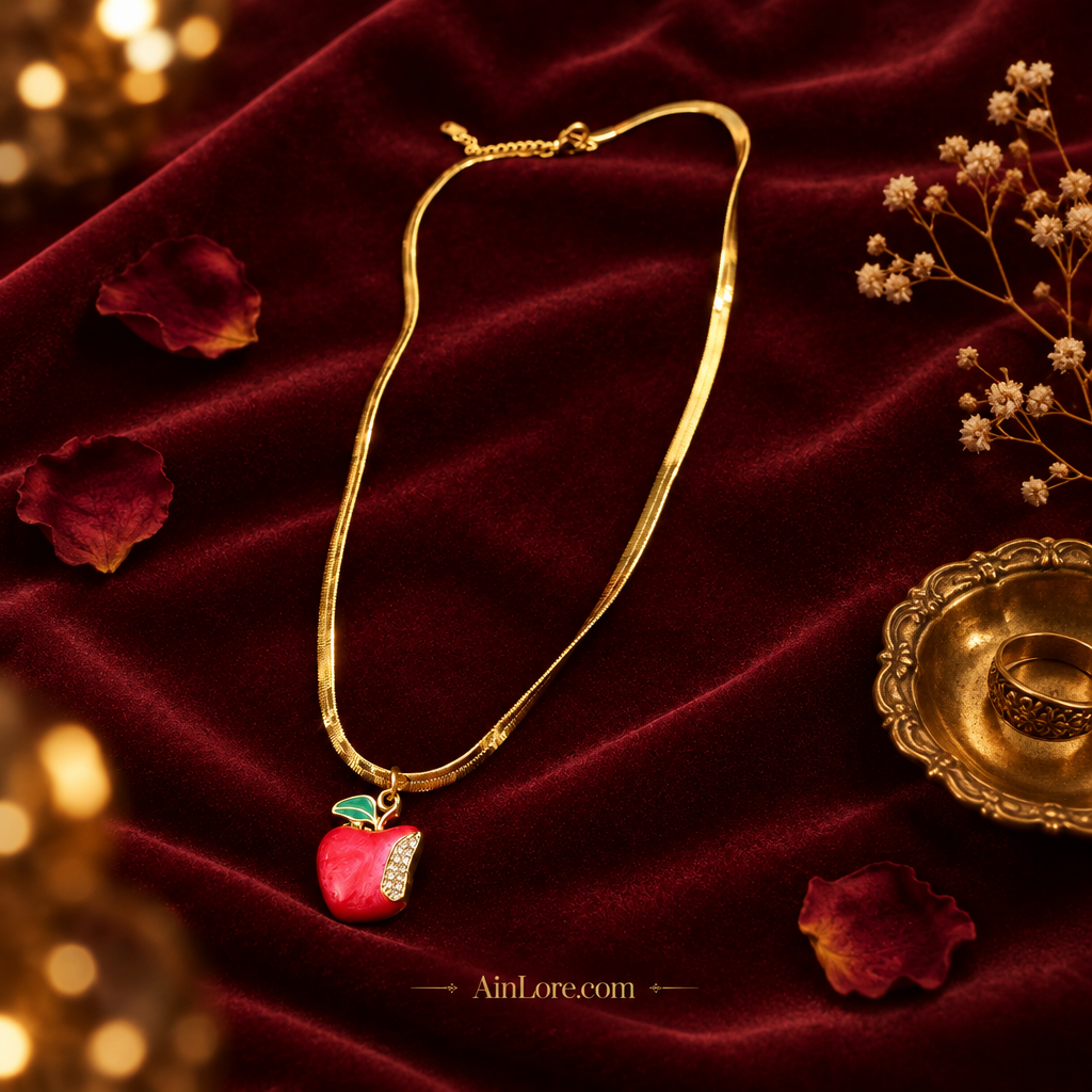 Apple necklace on burgundy backdrop