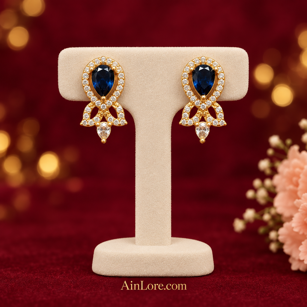 Blue earrings on display