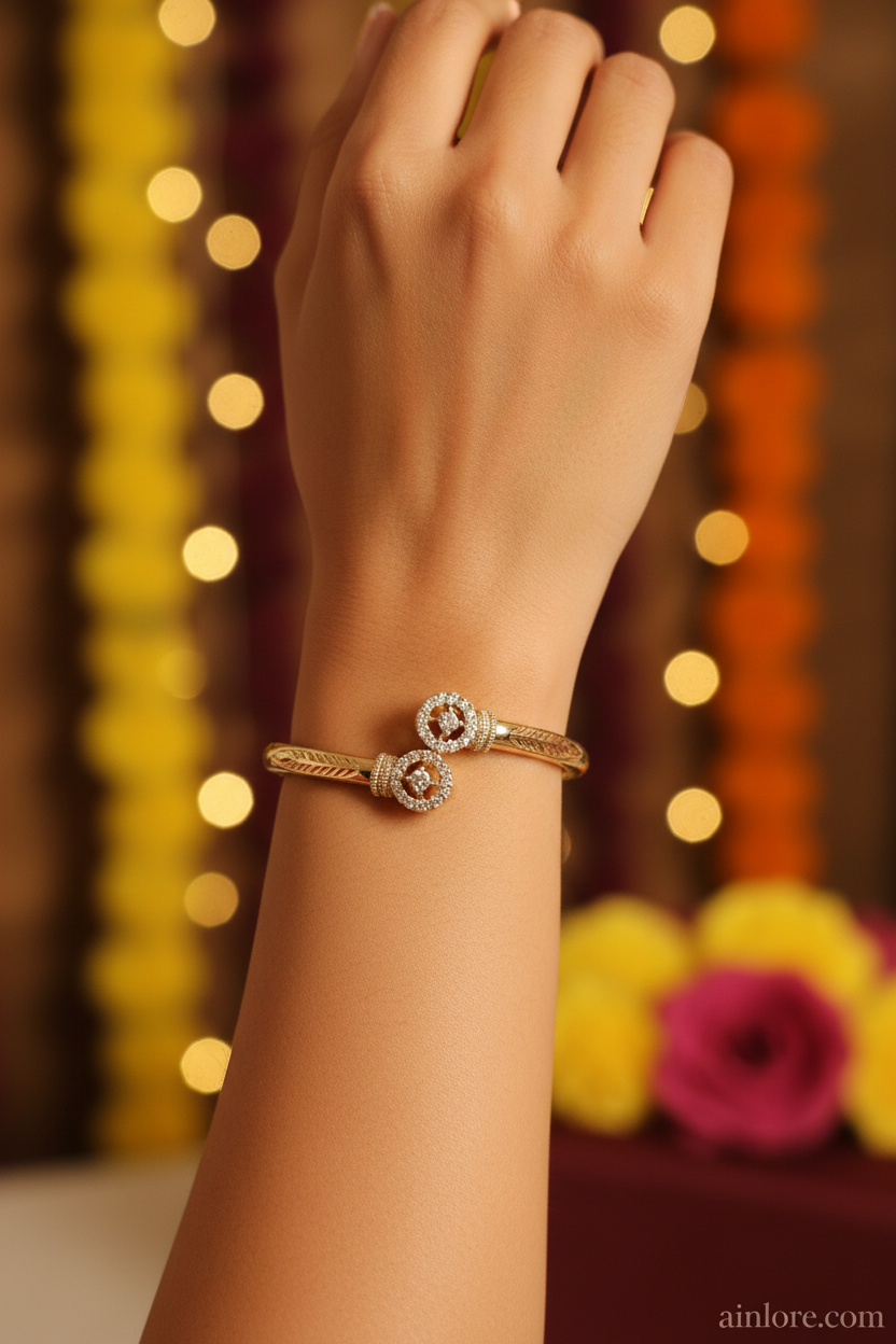 Crystal Halo Twist Bangle — Festive Gold Open Cuff