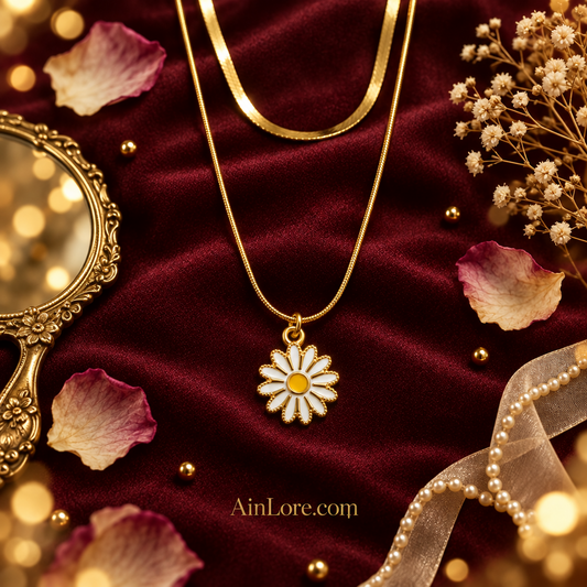 Daisy pendant detail on burgundy fabric