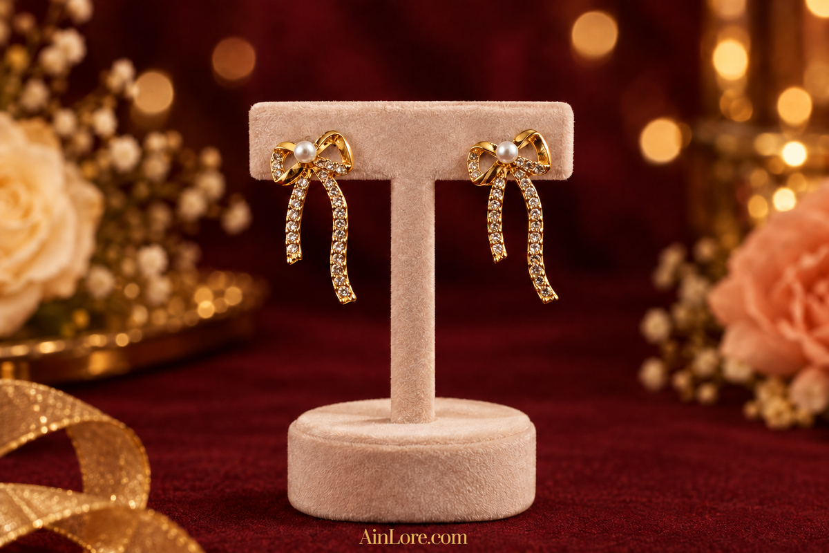 Earring stand shot with AinLore.com logo