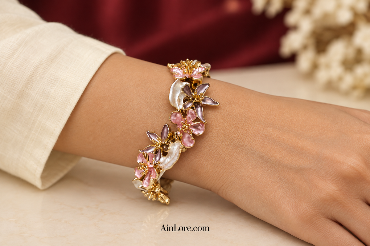 Elastic floral bracelet tabletop hand shot