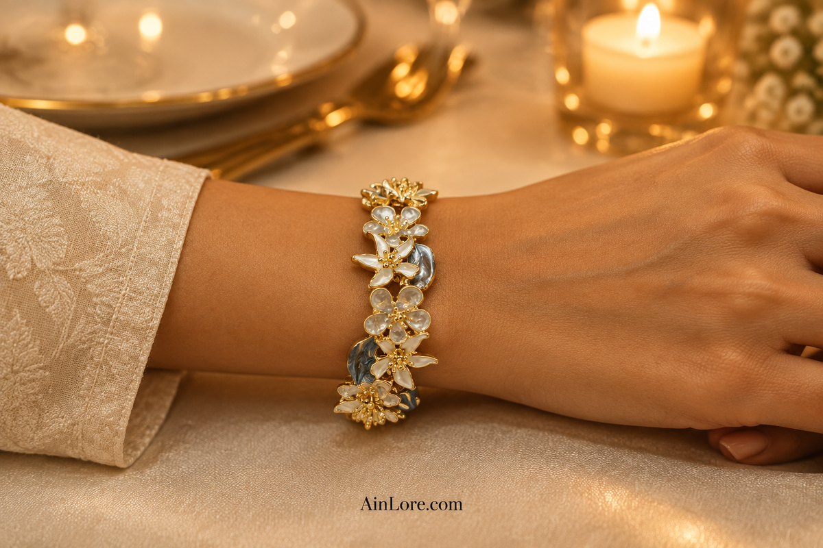 Floral bracelet worn at a warmly lit dinner table
