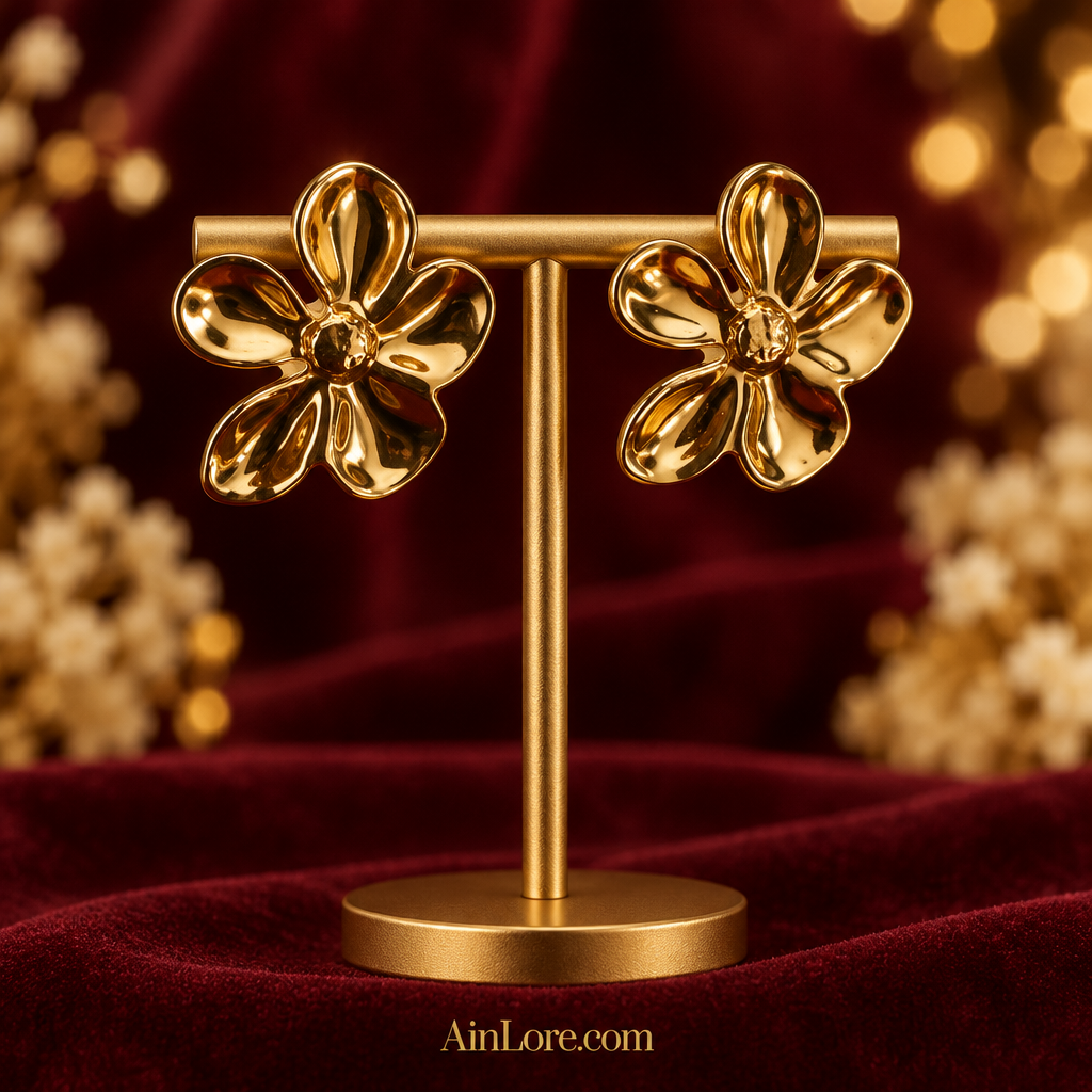 Gold flower studs on a gold T-bar stand against a burgundy velvet backdrop