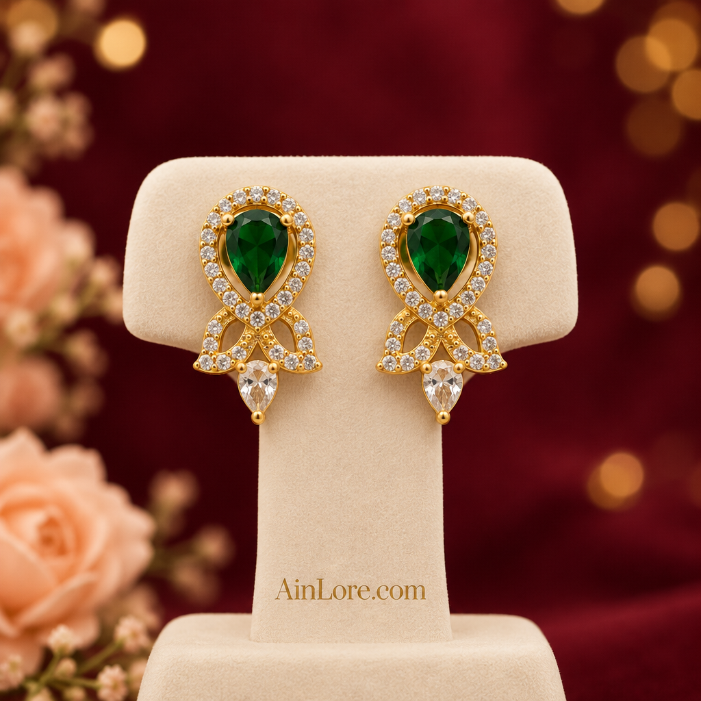 Green earrings on display