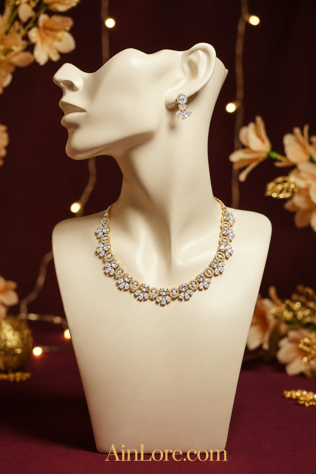 White Zirconia Riviera Necklace & Earring Set | Gold-Tone Floral Design | AinLore