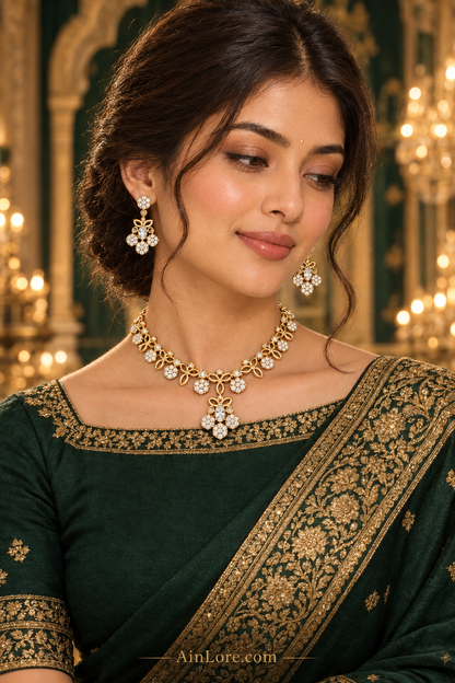 Meena – All-White Diamond Set in Dark Green Saree