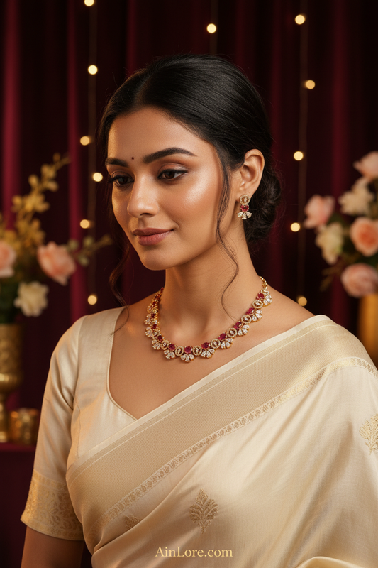 Meena — Ruby CZ Necklace Set, Cream Attire, AinLore Party Backdrop