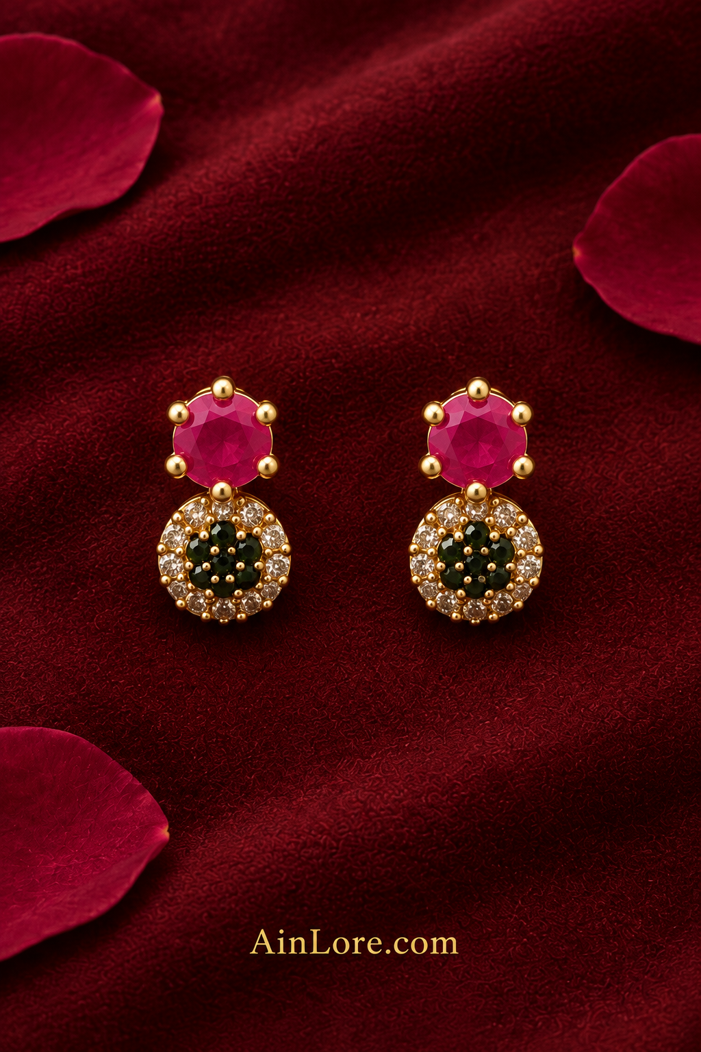 Pink-and-dark-stone earrings flatlay