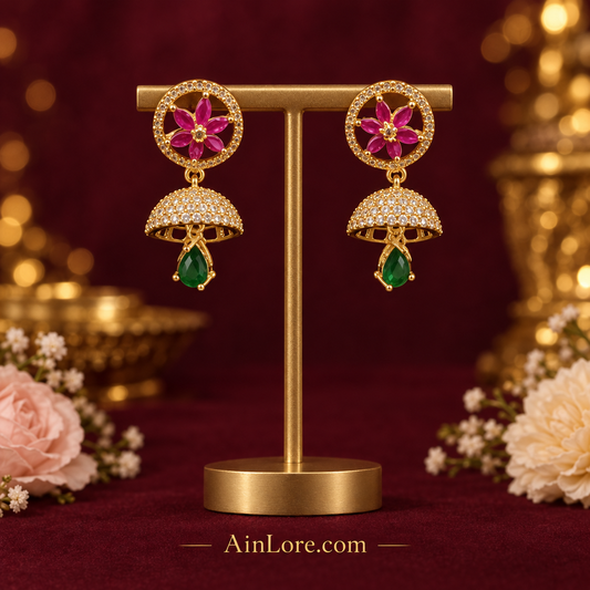 Pink and green jhumkas from the second reference angle