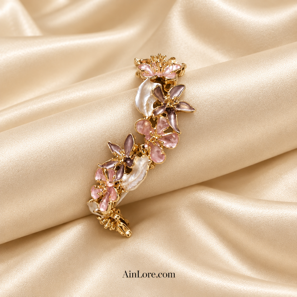Pink-and-mauve bracelet on a cream satin roll and backdrop