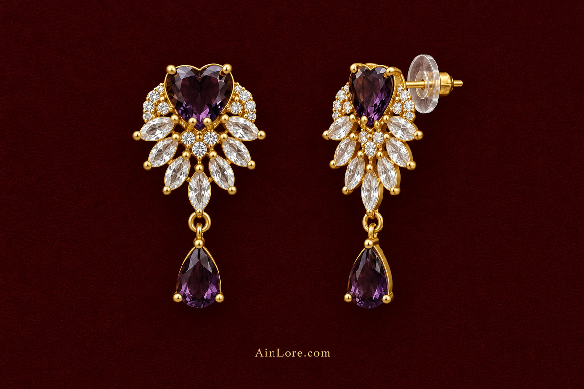 Purple earrings shown upright, one front and one back