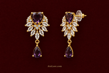 Purple earrings shown upright, one front and one back