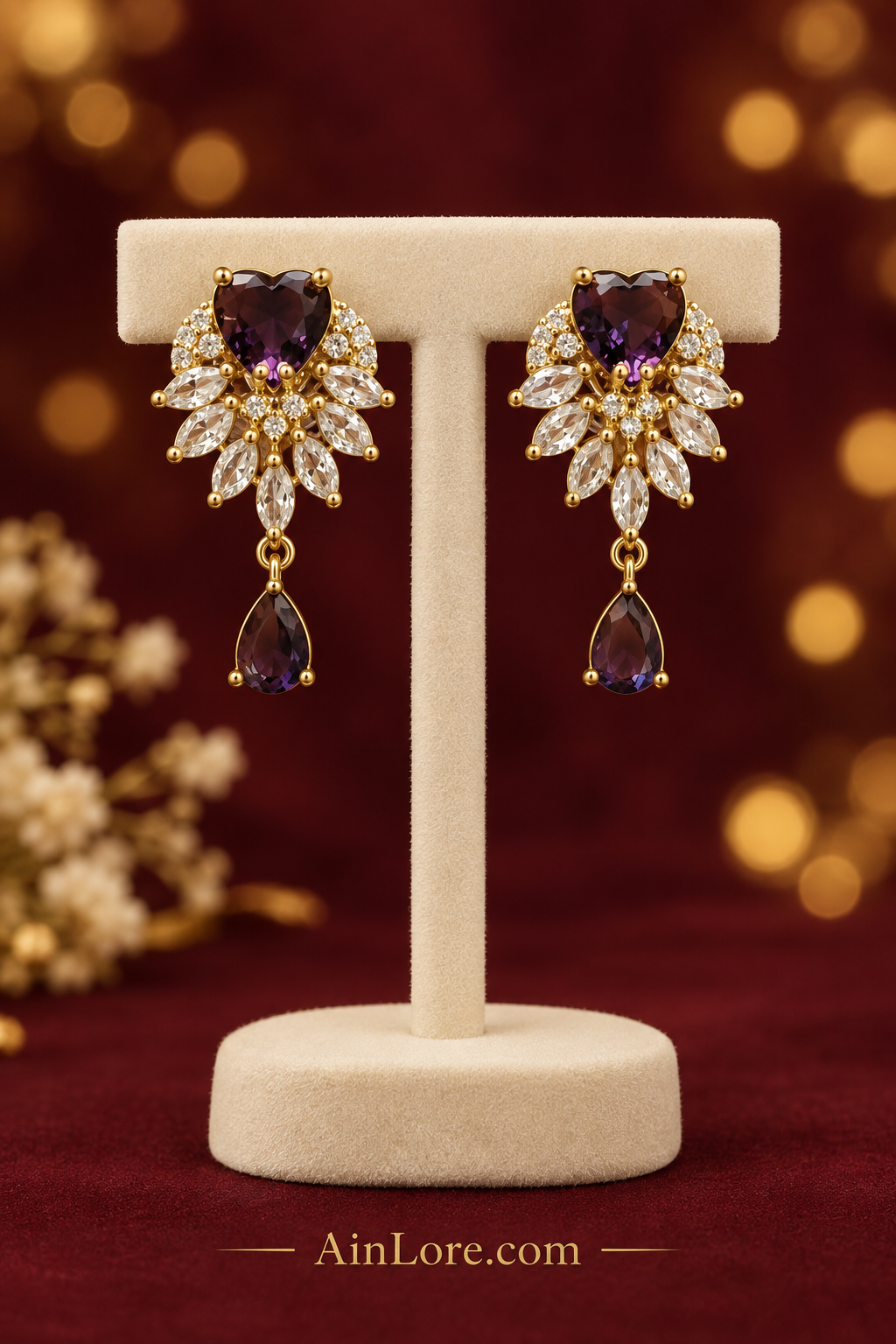 Purple heart-drop earrings on a T-stand