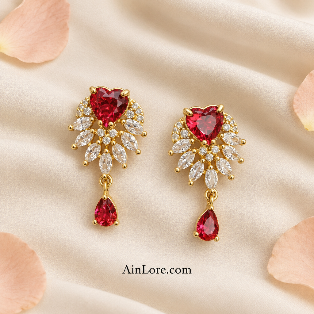 Red heart and teardrop earrings on cream fabric with peach petals, AI-styled image