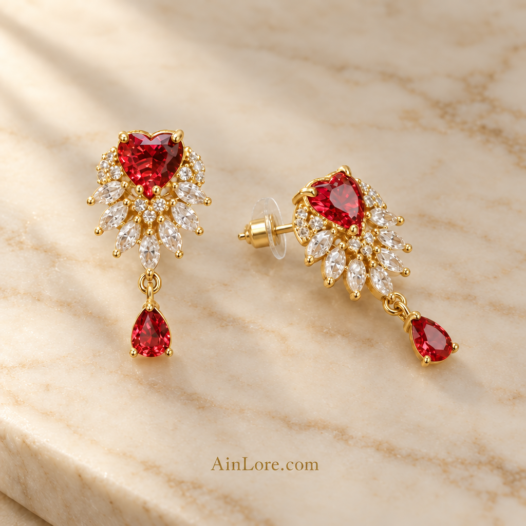 Revised red earrings on marble with tilted clasp view
