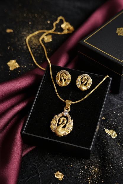 Swan Motif Pendant & Earring Set – Gold Tone CZ | AinLore