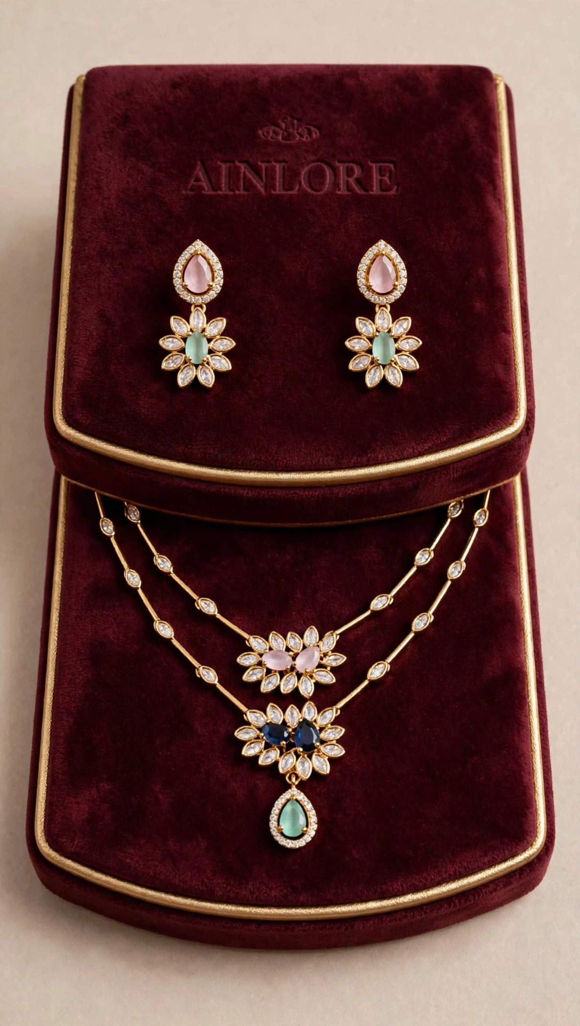 Pastel Zirconia Bloom Layered Necklace & Earring Set