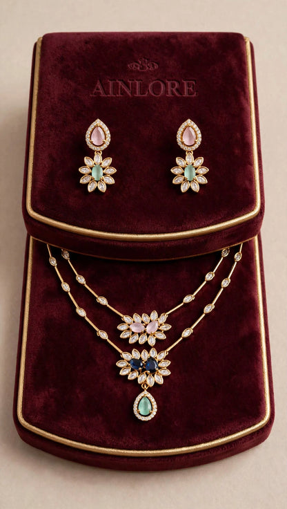 Pastel Zirconia Bloom Layered Necklace & Earring Set