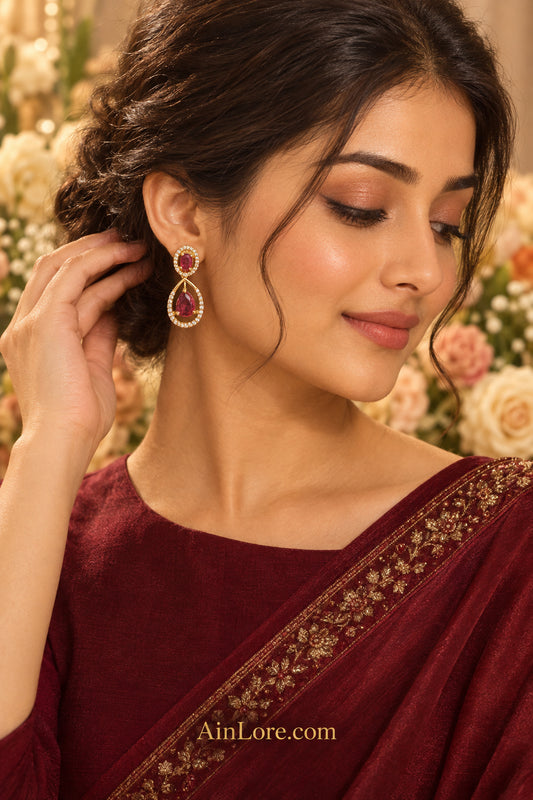 Ruby Teardrop Drop Earrings in Gold Tone | AinLore