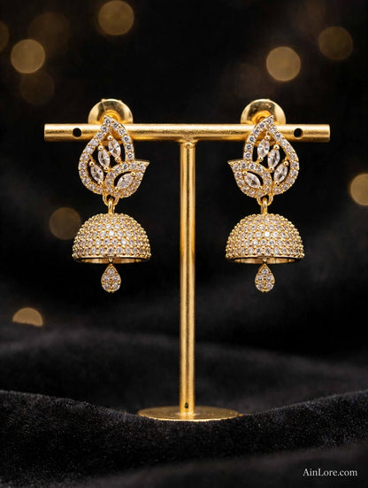 Vanya Leaf-Top Gold-Plated AD Jhumkis