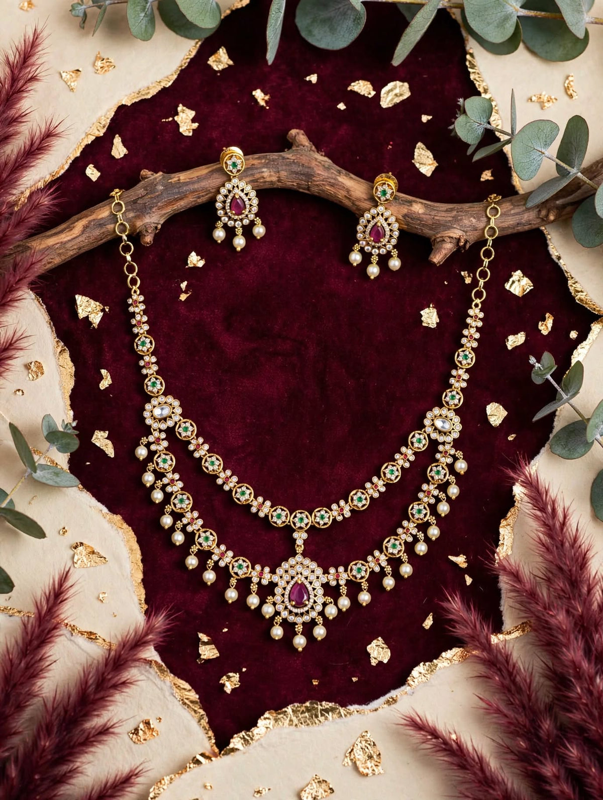 Ruby & Emerald CZ Double-Layer Necklace Set — Gold Polki Bridal Jewellery