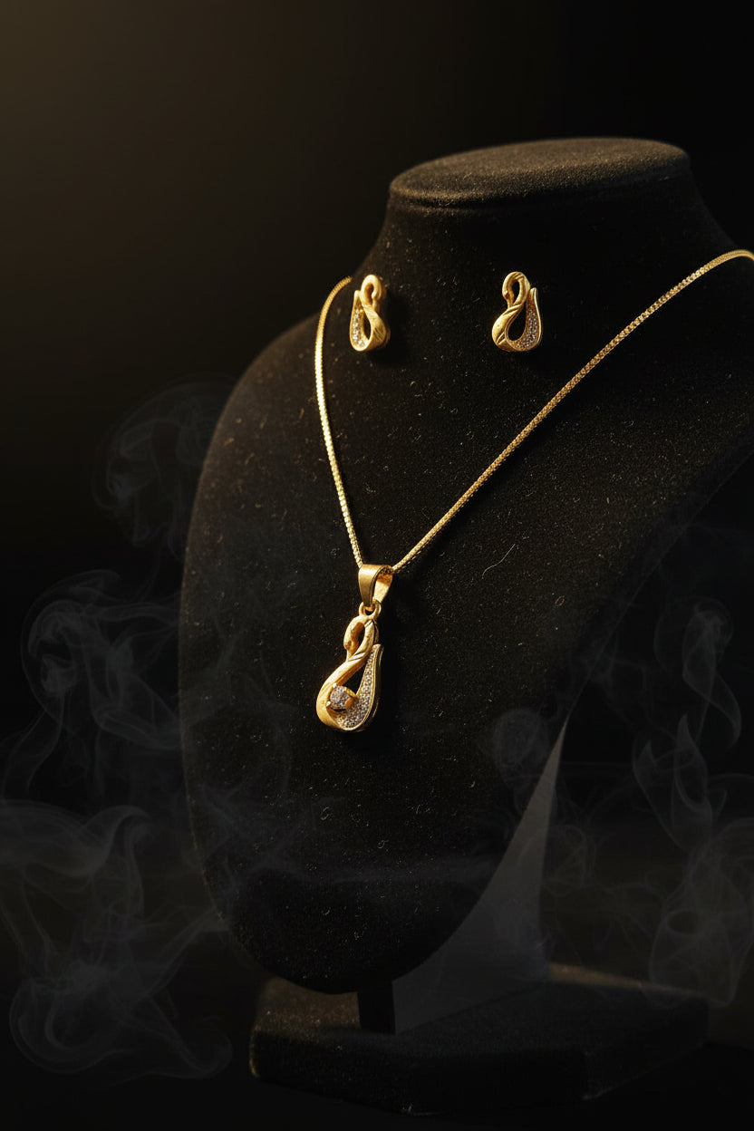Swan Motif Pendant & Earring Set – Solitaire CZ | Gold Tone | AinLore