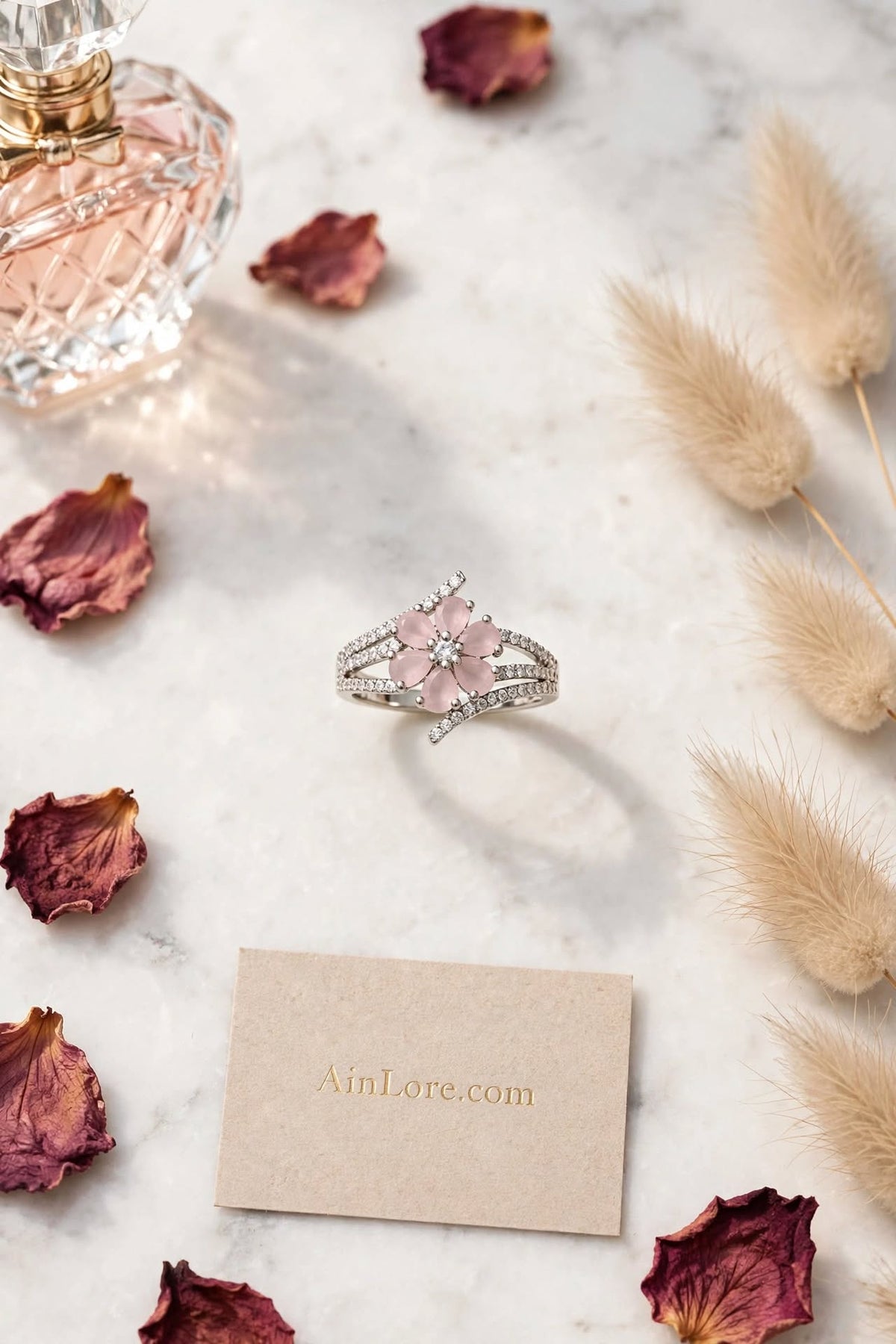 Blush Pink Floral AD Silver-Tone Ring