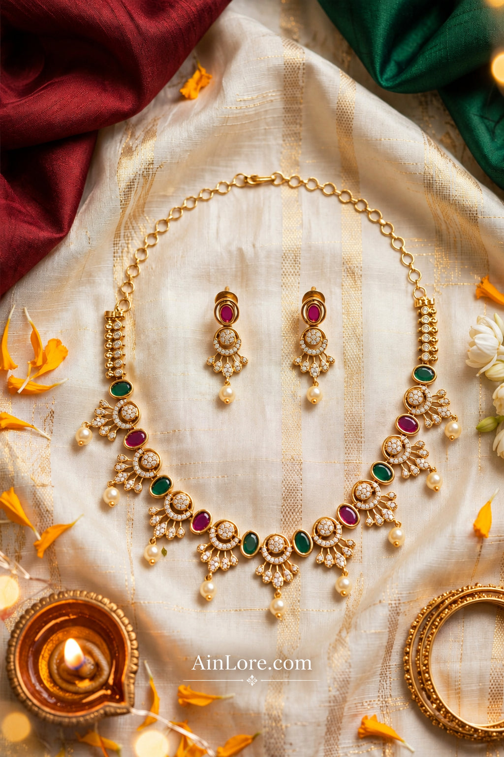 Peacock Ruby Emerald Gold-Plated AD Necklace Set