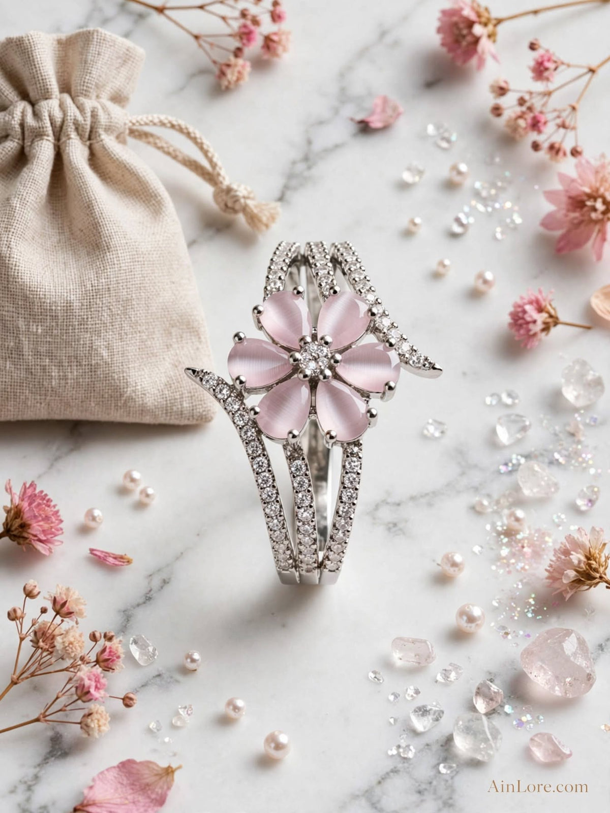 Blush Pink Floral AD Silver-Tone Ring